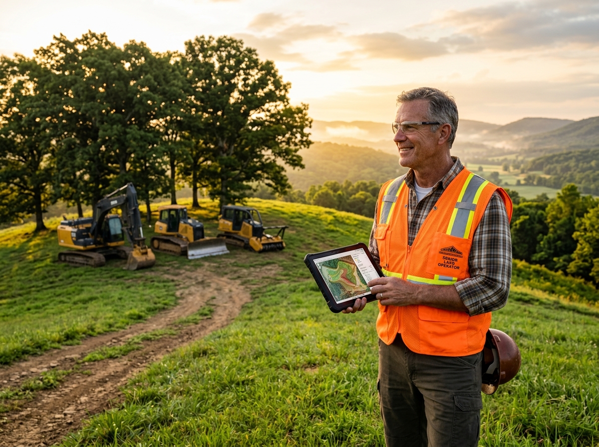 Apex Landworks operator inspecting terrain topography on East Tennessee property in Greeneville