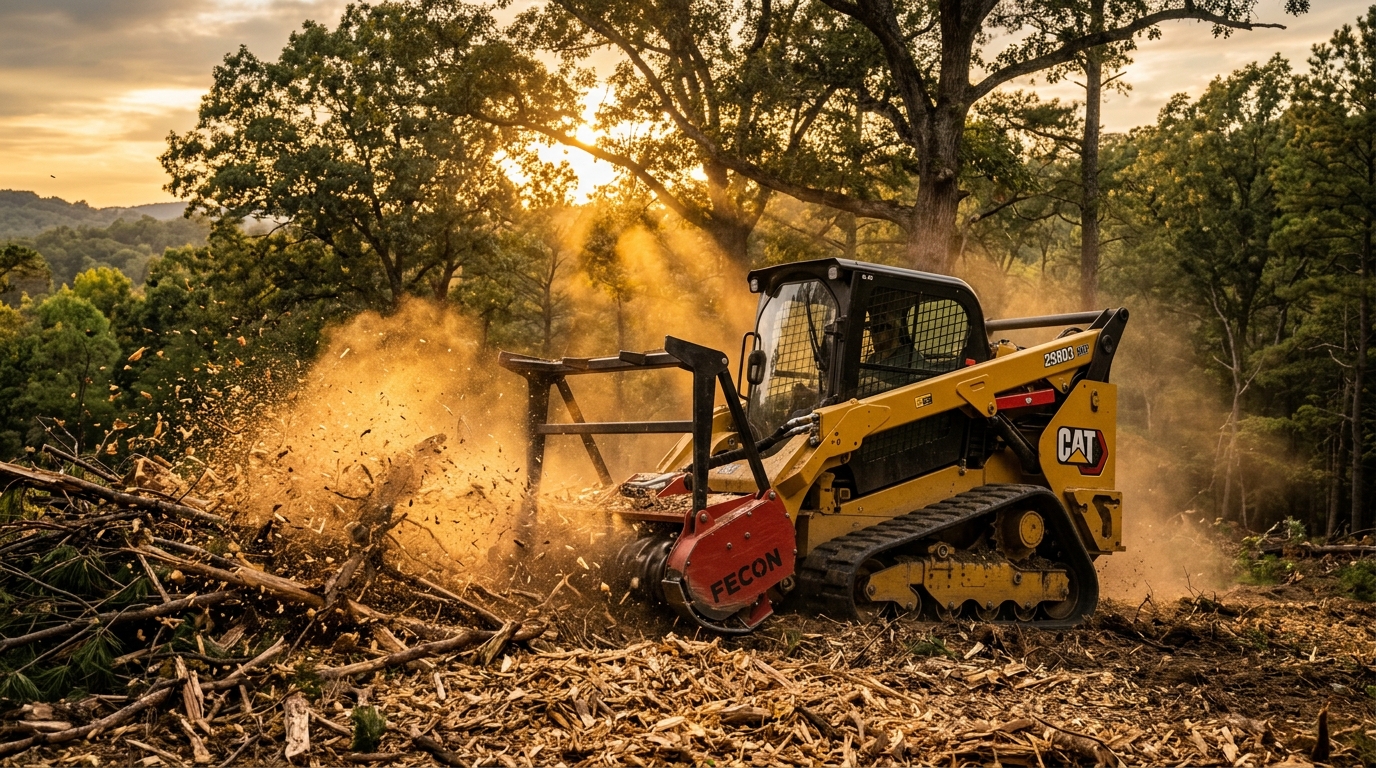 CAT 275 forestry mulching machine clearing dense brush and cedar thickets in Greeneville, Tennessee